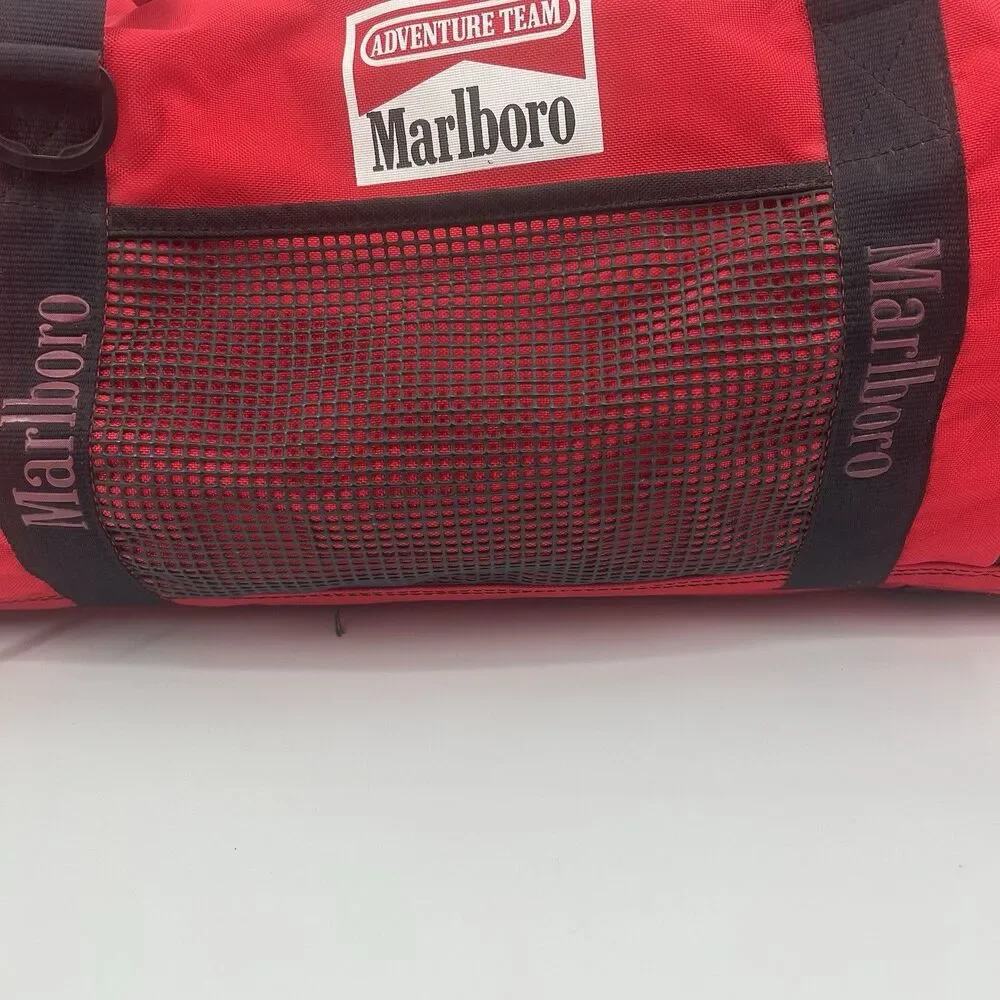 Marlboro Adventure Team Red Black Yellow Duffle Bag Pockets Adjustable Strap VTG
